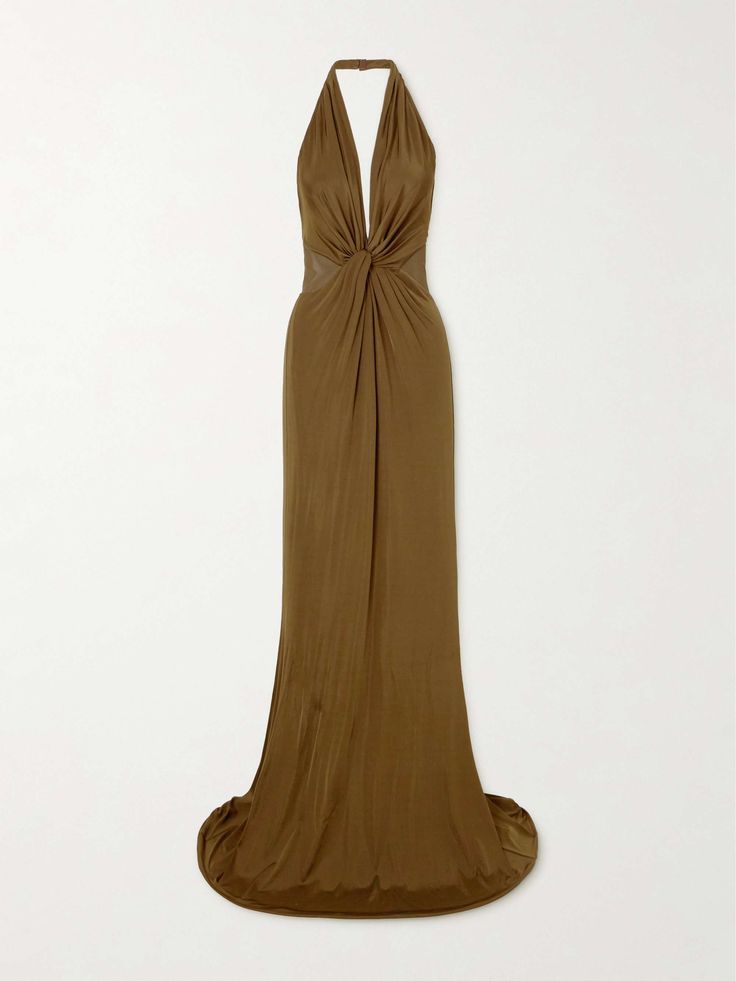a long brown halter dress with a knotted detail at the bust. the dress is sleeveless and made from a soft, flowy fabric. it is perfect for a formal evening event.