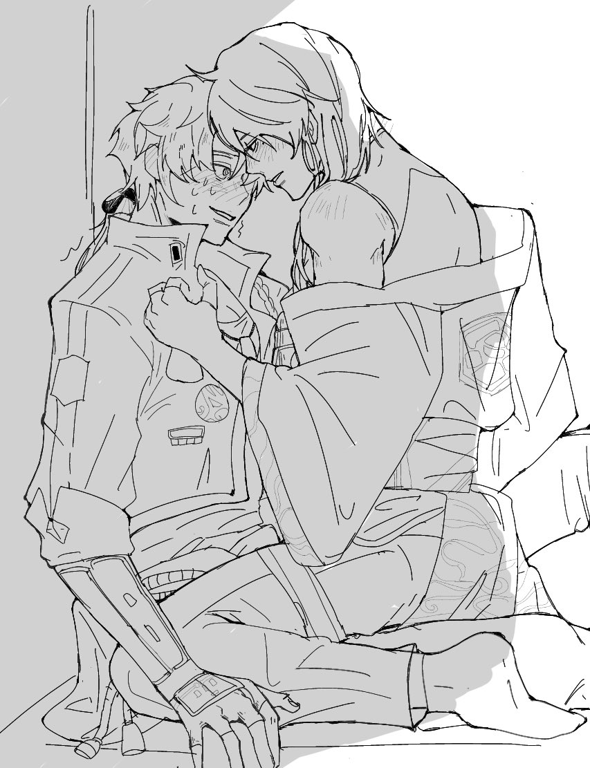 this is a black and white illustration of two anime boys in a loving embrace. they are both drawn in a delicate style with soft features. the boy in the foreground is wearing a jacket and has his arm around the other boy's waist. the boy in the background is wearing a longsleeved robe and has his face close to the other boy's. they are both smiling, and their eyes are closed as if they are enjoying a shared moment of intimacy. the background is a plain white wall, which helps to focus attention on the couple. the overall atmosphere of the image is one of love and affection.