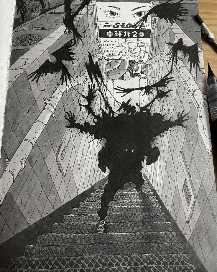 a mangastyle illustration depicts a shadowy, mysterious figure descending a set of stairs in a dark and ominous alleyway. the figure's silhouette is shrouded in darkness, its features obscured, adding to the eerie and unsettling atmosphere. the walls are lined with pipes and various markings, hinting at a dilapidated and possibly abandoned urban environment.  several crows are perched on pipes and overhead signs. the figure appears to be surrounded by a swarm of crows. the title "station 20" is visible on a sign above the figure's head, suggesting a location within a city or town. the overall tone of the image is dark, mysterious, and suggestive of something sinister lurking beneath the surface.