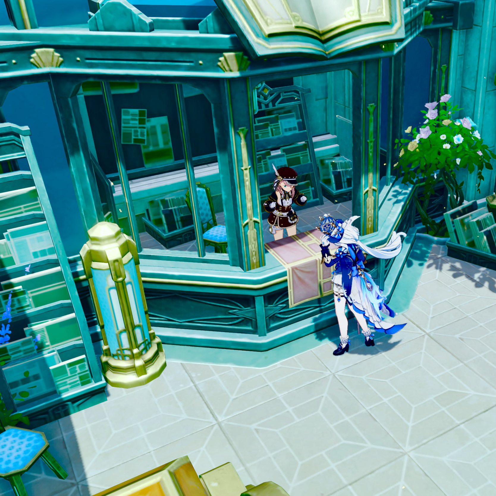 highangle, full shot of a scene from the video game genshin impact. two characters are interacting at a counter in a tealcolored bookstore. the character on the left appears to be a shopkeep, while the character on the right is a customer.  the bookstore is detailed with bookshelves, decorative elements, and plants. the overall aesthetic is fantasythemed with an anime art style. the scene is brightly lit, and the tiles on the floor are a light teal.