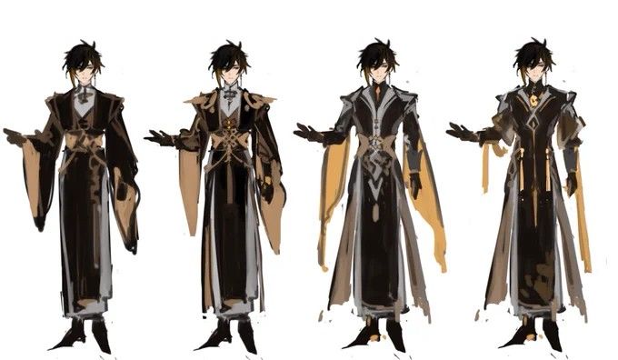 the image shows four concept sketches of an anime male character. all of them are wearing similar black outfits with gold details. they are all standing with their arms outstretched. the sketches are in different styles.