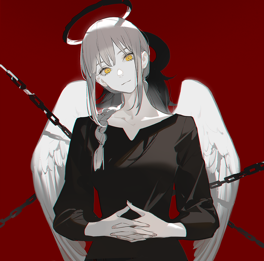 an anime or manga style image of a woman with grey hair, yellow eyes, and pale skin. she is wearing a black longsleeved shirt and has a braid in her hair. behind her are large white angel wings. above her head is a black halo, and chains wrap around her body. the background is a solid red color.
