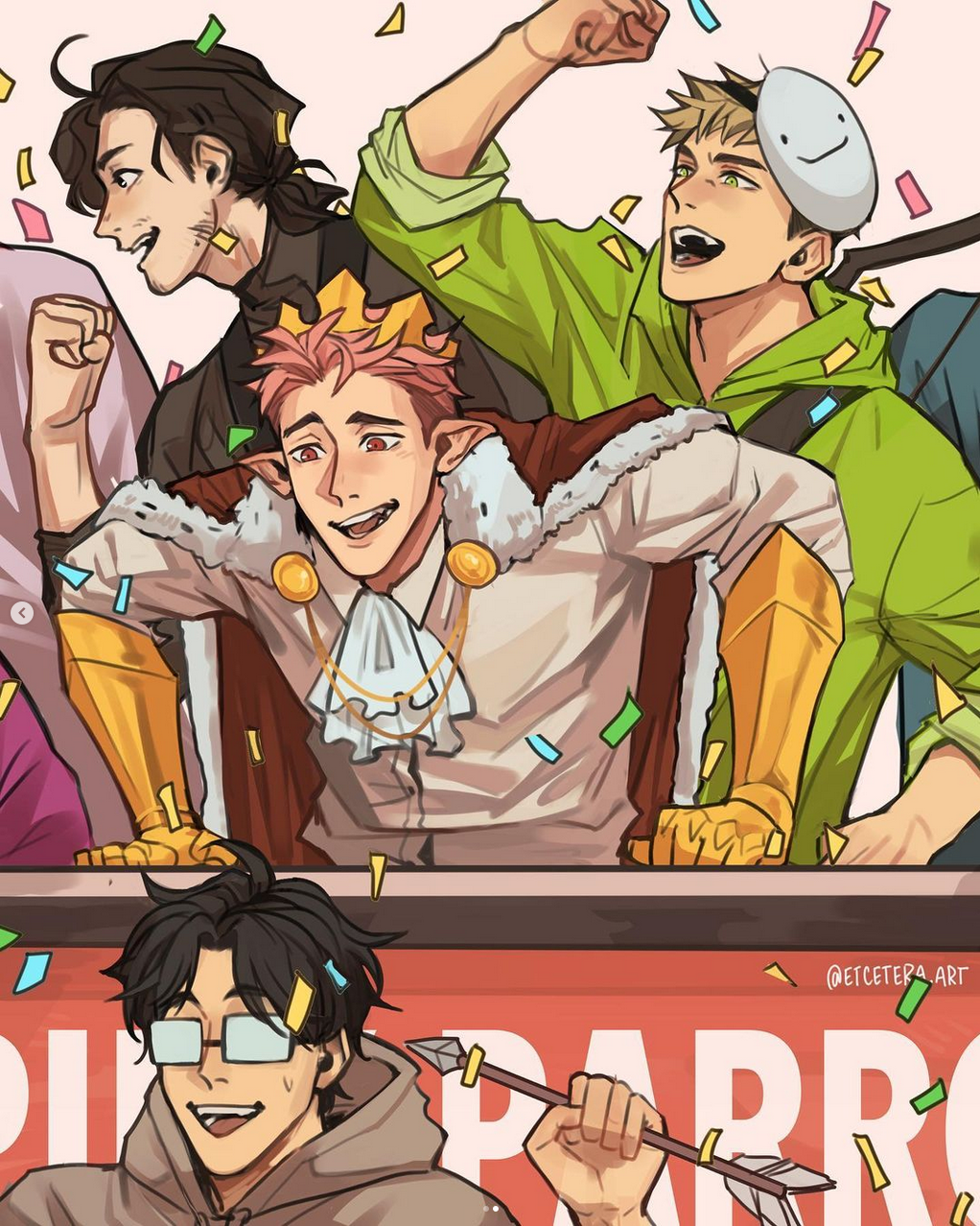 a vibrant digital illustration depicts a group of four friends celebrating a victory, possibly related to the dream smp. the scene is set in an indoor arena with bright, artificial lighting. the perspective is low, emphasizing the excitement of the moment.  a character with pink hair and a crown, potentially technoblade, takes center stage with a triumphant smile. he wears a white shirt, brown vest, and golden armor, embodying a kingly aura. behind him, two figures raise their fists in the air. on the left, a character with dark hair and a black turtleneck represents wilbur soot. on the right, dream, identifiable by his signature green hoodie and blonde hair, joins the celebration. in the foreground, another character with dark hair and glasses, likely representing sapnap, smiles brightly, holding an arrow, a symbol often associated with his character. the name "pink parrot" is partially visible on a banner, hinting at a team or group affiliation within the dream smp universe.  the overall mood is joyous and energetic, capturing the camaraderie and spirit of online gaming communities.