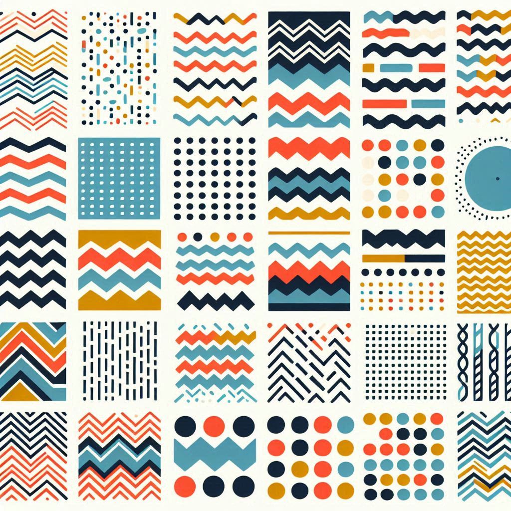 the image showcases a vibrant collection of 36 diverse patterns arranged in a 6x6 grid, each contained within a square frame.  the patterns themselves are geometric and abstract, featuring a mix of shapes like chevrons, polka dots, waves, and stripes. these elements are rendered in a palette of five primary colors: a light cream background, navy blue, teal, burnt orange, and mustard yellow. the overall aesthetic is modern, playful, and visually engaging.