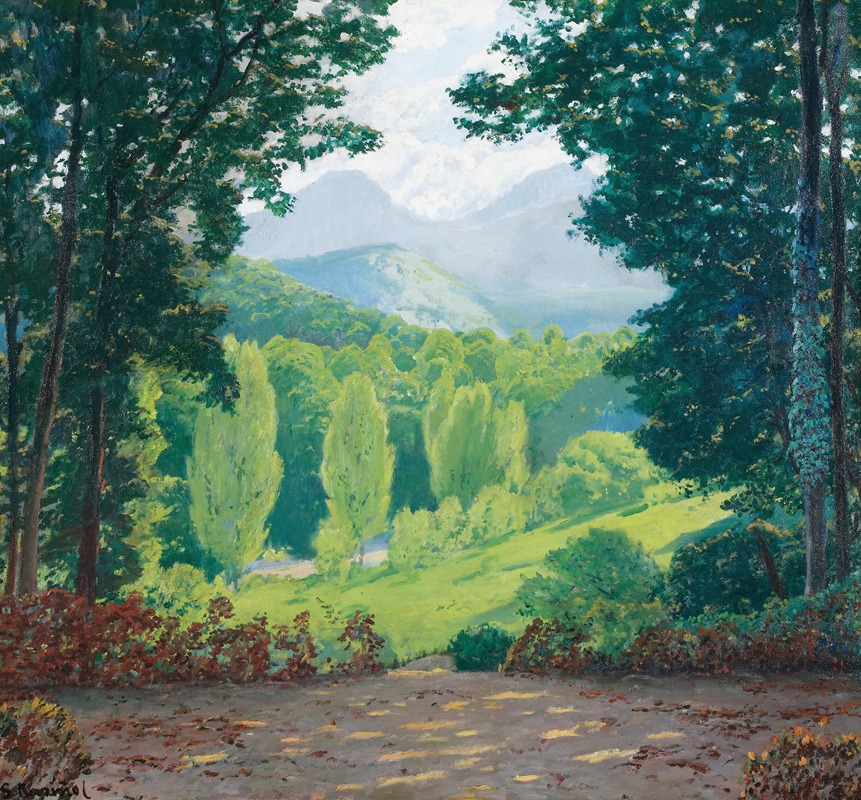 the image is a landscape painting depicting a view through a forest towards distant mountains. lush green trees frame the scene on both sides, with a pathway leading from the foreground towards a green hill dotted with trees and bushes. in the background, mountains are visible under a hazy sky. sunlight filters through the trees, creating patches of light and shadow on the ground. the overall impression is one of serenity and peace.