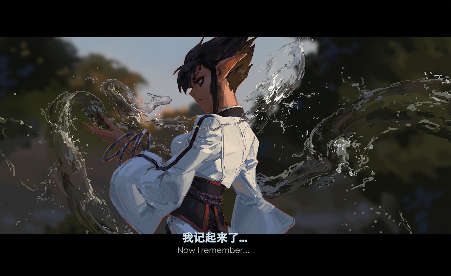 the artwork depicts an animestyle female elf with pointed ears, dressed in a flowing, lightcolored kimonolike garment. she is surrounded by dynamic splashes of water, seemingly manipulating it with her hands.  her expression is one of contemplation or remembrance. the background is a blurred sunset scene with trees.  the image includes both chinese and english text at the bottom, which reads "我记起来了..." and "now i remember...", suggesting a moment of recovered memory.  the overall style is painterly and evocative, with a focus on fluidity and emotion.
