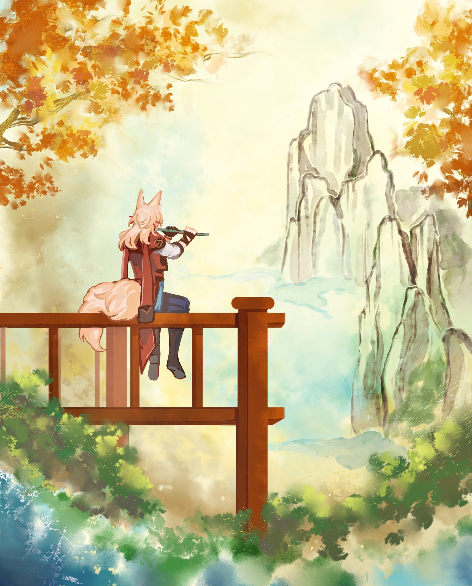 this digital art piece portrays an animestyle girl with fox features playing a flute while sitting on a wooden bridge. the background depicts a scenic landscape with majestic mountains, lush trees, and a flowing river. the painting is rendered in a watercolor style with soft colors and brushstrokes, adding a sense of serenity and tranquility to the scene. the girl's focused expression and the natural beauty surrounding her suggest a theme of harmony and connection with nature.