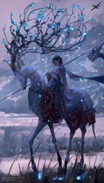 a lone woman in ornate blue and white robes sits astride a majestic white stag with glowing blue antlers. they are situated in a snowy landscape with a pale purple sky. the woman holds a long spear with a white flag attached. the overall mood is ethereal and mystical.