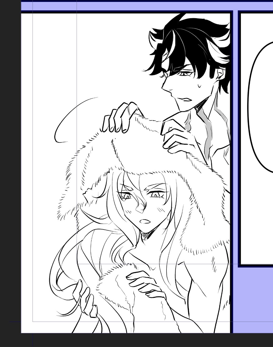 a black and white manga drawing of a man hugging a woman. the man has short hair and a serious expression while the woman has long hair and is looking at the man with a loving expression. they appear to be in a romantic relationship.