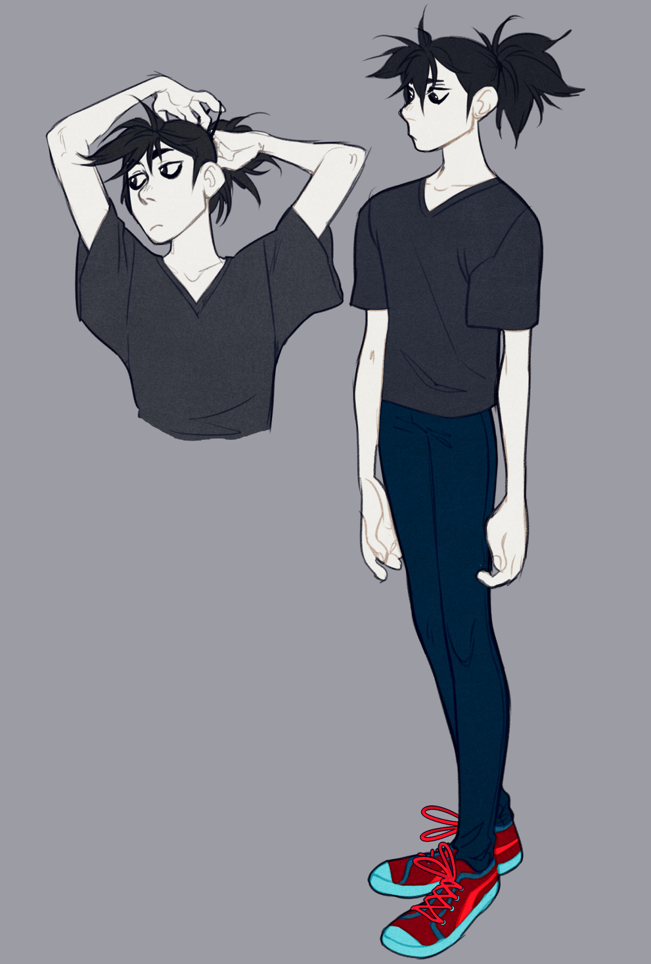 a stylized character design of a thin person is shown in two poses against a solid grey background. the character has short black hair in two space buns and is wearing a black tshirt, dark blue jeans, and red and blue shoes. the pose on the left shows the character from the waist up with their arms raised to fix their hair. the pose on the right shows the character's full body facing sideways, looking towards the left.