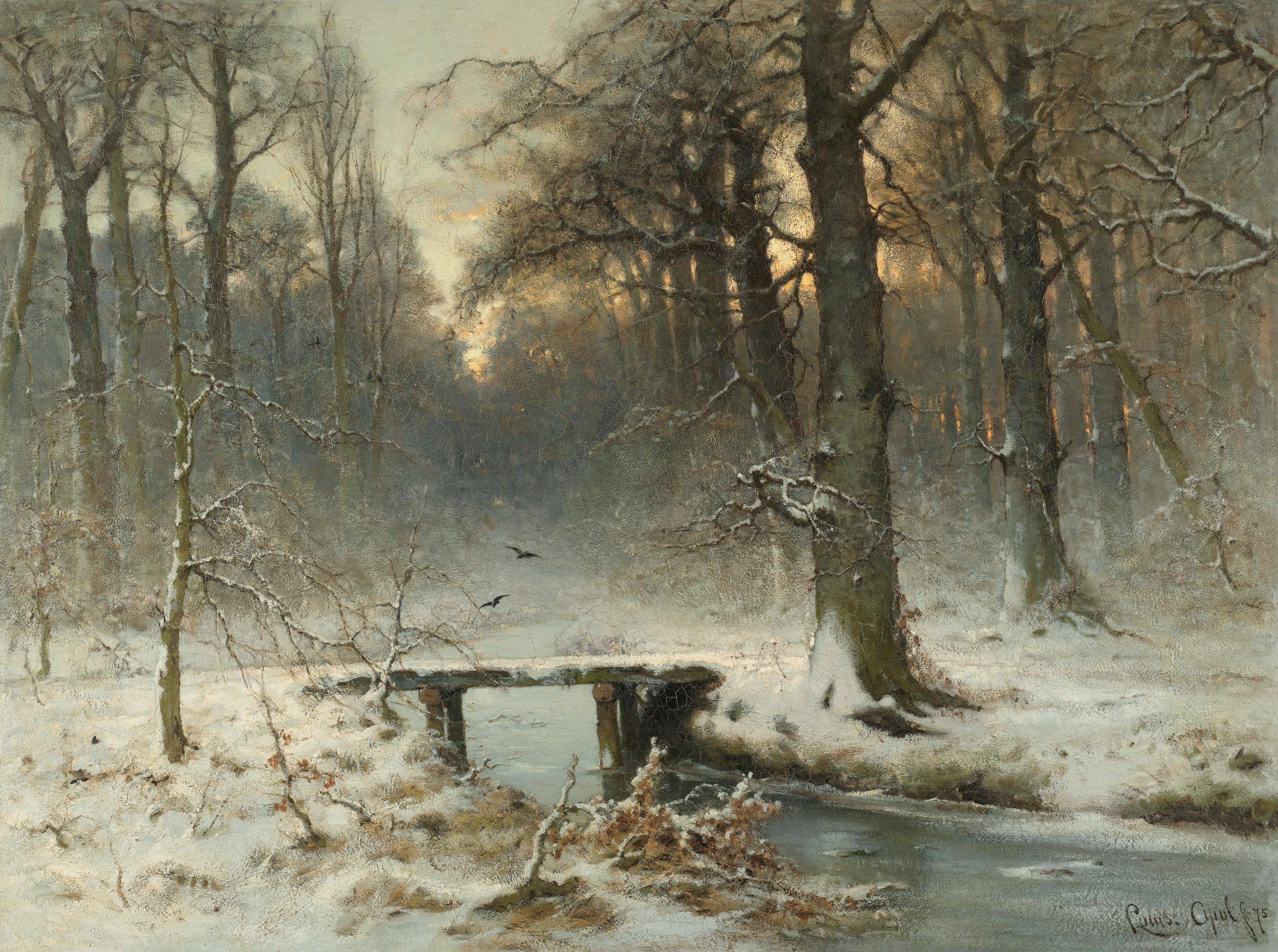 the image is a painting of a winter forest scene. a stream flows through the foreground, with a small wooden bridge spanning it. snow covers the ground and the branches of the trees. the trees are bare, their branches reaching towards the sky. in the background, a sunset or sunrise casts a warm glow through the trees. two birds are flying in the distance. the overall mood of the painting is serene and peaceful.