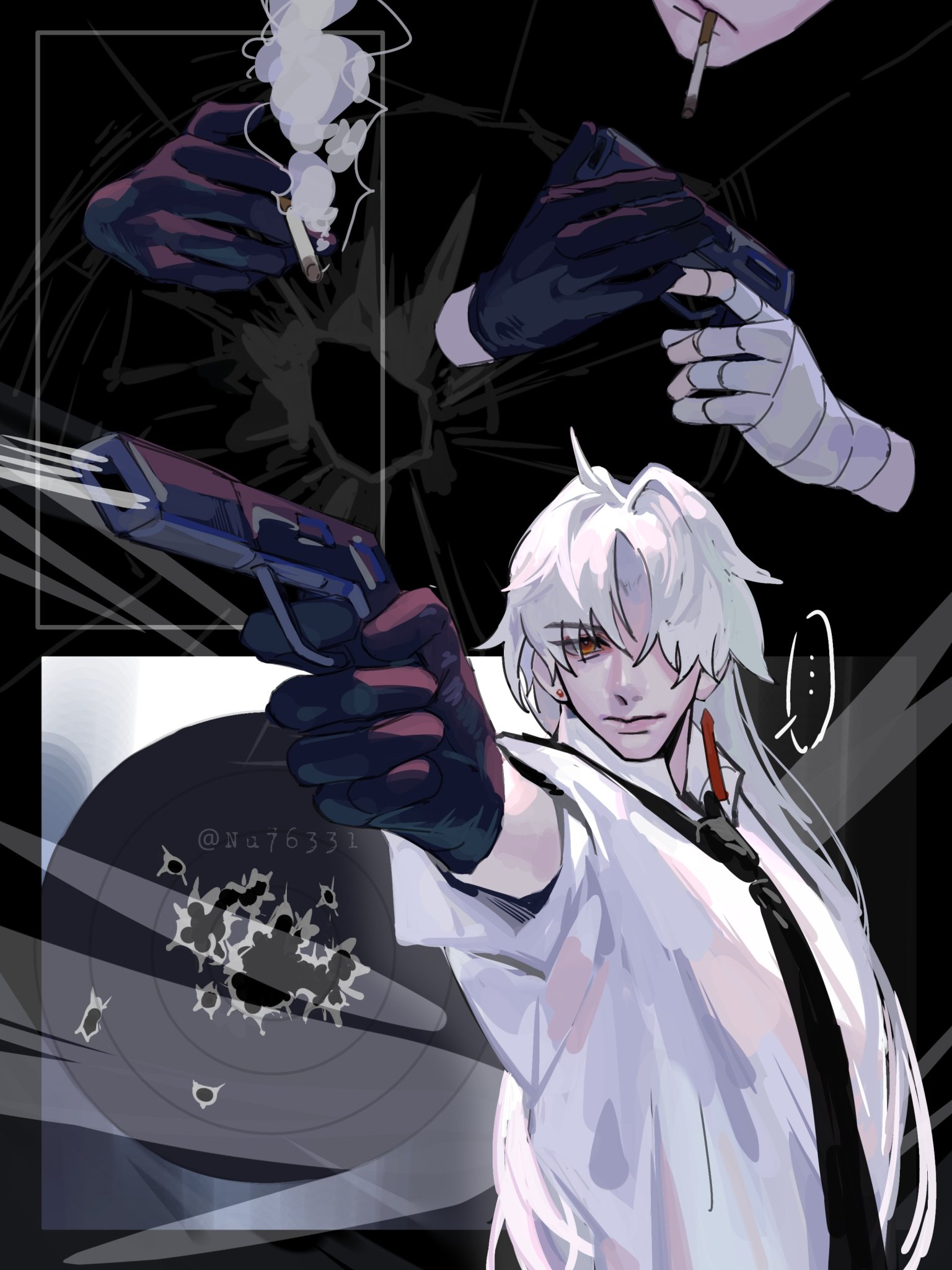 an anime character with white hair, wearing a white shirt and black tie, is holding a gun. he is aiming the gun towards a target with a black bullet hole in the middle. the character is smoking a cigarette, and there are two other hands holding cigarettes in the background. the character is serious and determined, and he looks like he is about to shoot. the image is drawn in a vibrant style, with strong lighting and a dynamic composition. the overall tone of the image is dark and intense, suggesting a sense of danger and action.