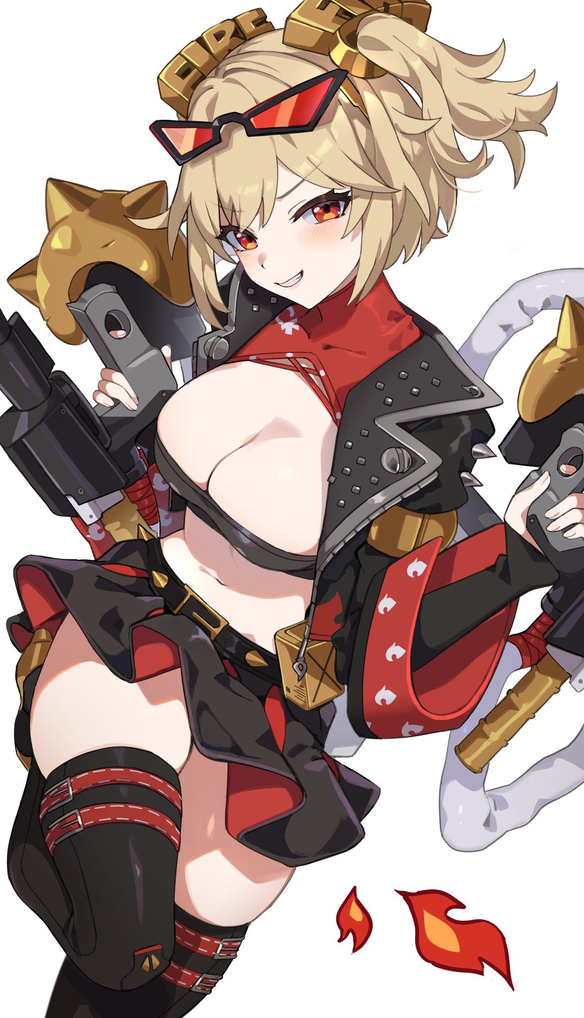 a young woman in an animestyle outfit, posing with a futuristic looking gun and sword. she has blonde hair, red and black clothes, and a confident smile. the image is colorful and full of detail.