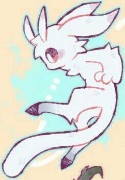 the image shows an animestyle cartoon illustration of a small, white, creature with animallike features. the character has large ears, a long tail, and appears to be floating or jumping. the drawing style is simple with a focus on cuteness and fantasy.