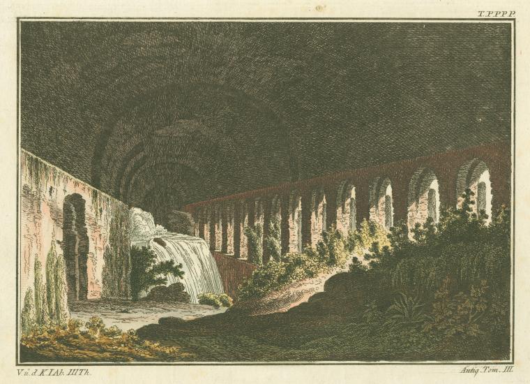 the image depicts an old aqueduct with arches and a waterfall flowing in front of it. the tunnel is dark and covered in vegetation. it's an historical illustration of an ancient ruin in a natural landscape.