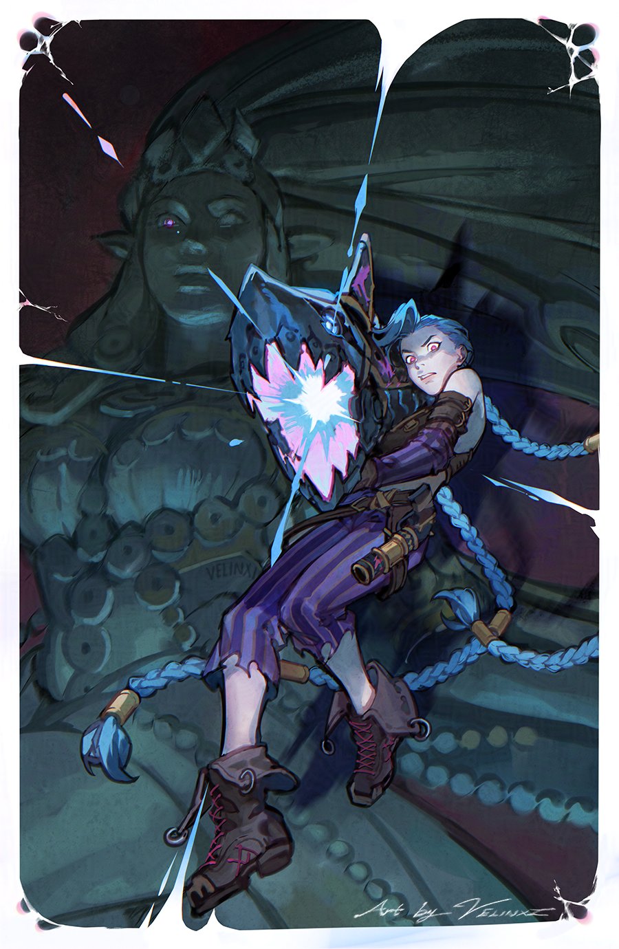 an illustration of jinx from arcane/league of legends, holding a weapon that appears to be firing a beam of light. she is wearing purple striped pants, a brown vest, and boots. her blue braids are visible. behind her is a large stone statue of a woman. the style is painterly and stylized.