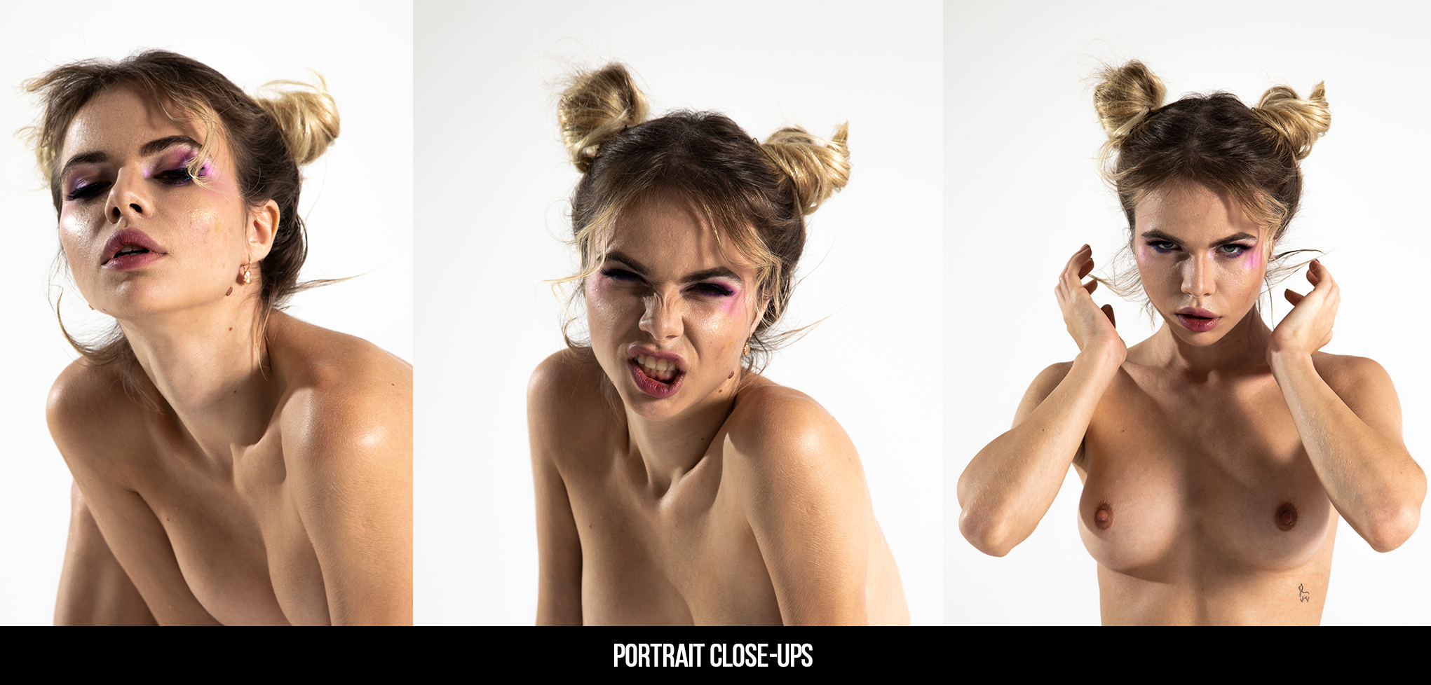 a woman with blonde hair in buns, wearing colorful eye makeup, is posing in a nude portrait. she's looking at the camera with a serious and fierce expression.  the images are cropped so that only her face and upper body are visible.  the woman's skin is smooth and soft, and her hair is styled in a simple updo that draws attention to her features.