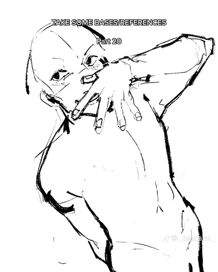 a black and white line drawing of a male figure in a dynamic pose. the figure is shown from the waist up, with the arms bent and the hands covering the face. the drawing is done in a loose and gestural style, emphasizing the flow and movement of the figure. the image is titled "take some bases/references part 20" suggesting that it is part of a series of drawings created for artistic reference.