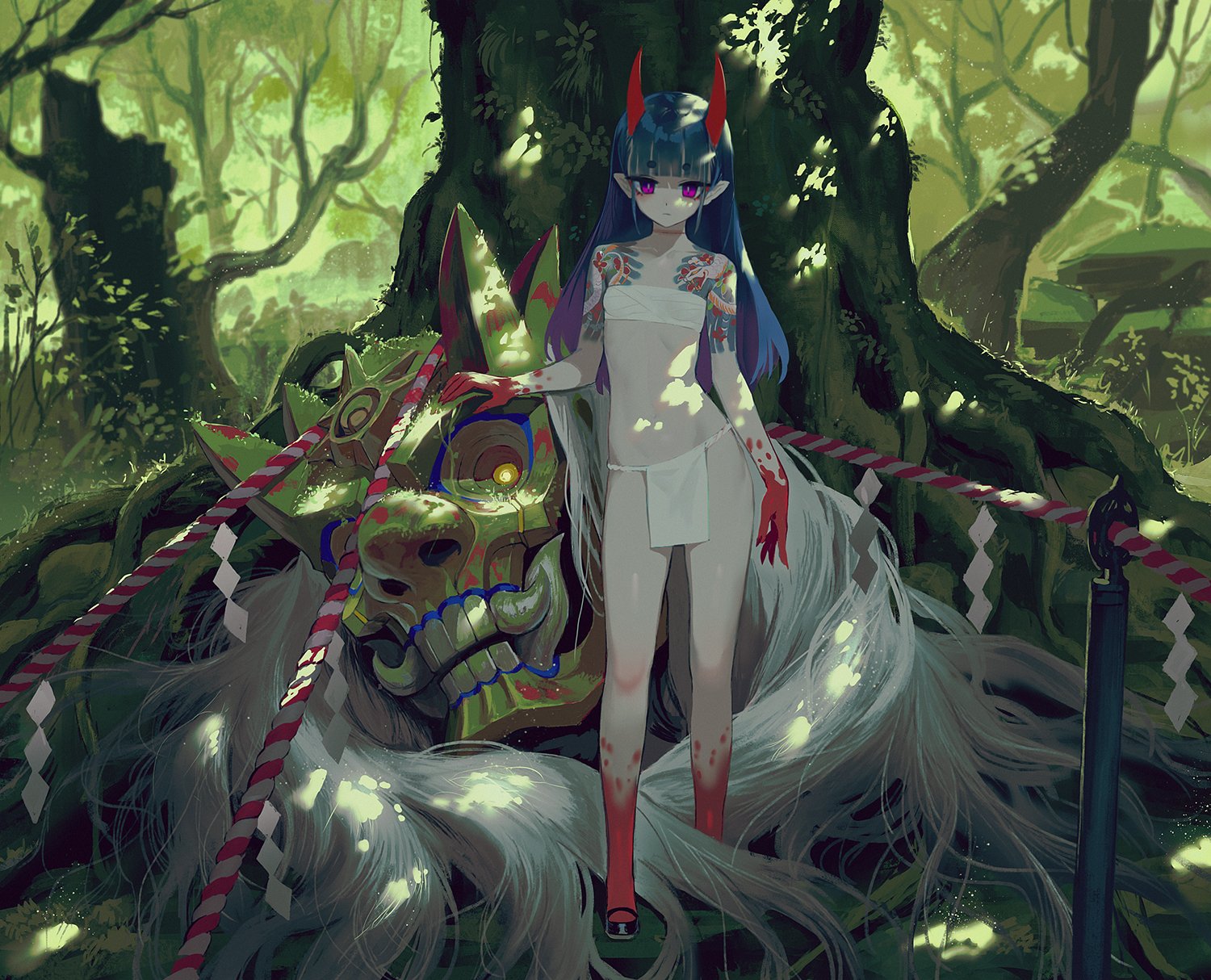 the image is a digital painting depicting an animestyle girl with oni horns and tattoos standing next to a large, ornate mask that resembles a yokai.  she's dressed in traditional japanese clothing, a white fundoshi (loincloth), and red socks or footwear. the setting is a dark, lush forest with large tree roots and a shimenawa (sacred rope) marking a boundary. the overall style is mystical and fantasyinspired, blending elements of japanese mythology and anime aesthetics. the color palette is primarily green, with accents of red and white from the rope and the girl’s attire. the mask appears ancient and weathered, possibly representing a spirit or guardian.  the scene suggests a connection between the girl and the supernatural aspects of the forest.