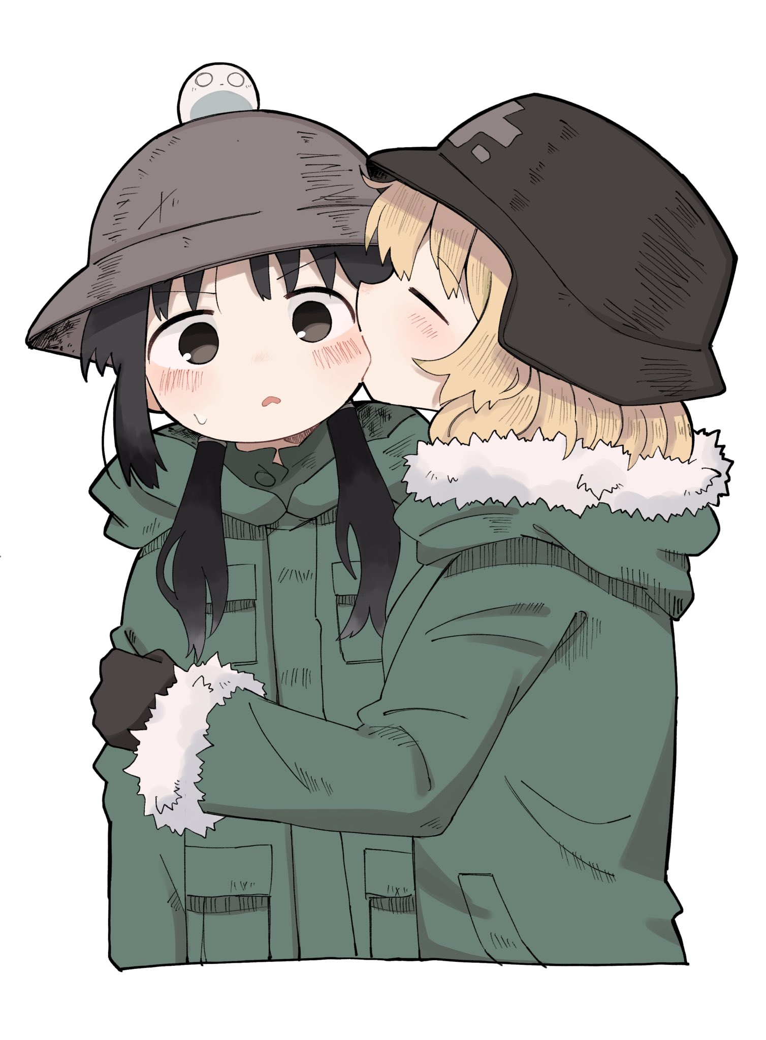 he image is a digital drawing of two animestyle girls in militarystyle jackets. one girl has dark hair and a helmetlike hat, and the other has blonde hair and a typical military cap. the blonde girl is kissing the other girl's cheek, while the darkhaired girl looks slightly surprised but happy.  the style is cute and chibilike, with exaggerated features.  the overall mood is sweet and affectionate.