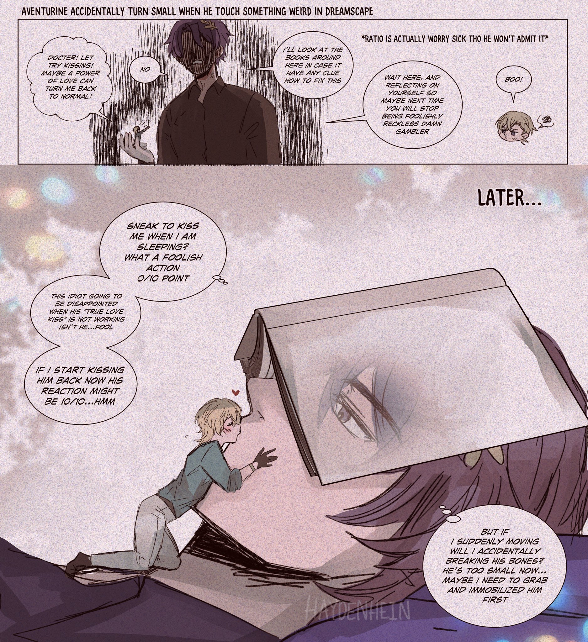 this is a comic panel. the scene is set in a fantasy or dreamlike world. a small boy is about to kiss a giant man, who is reading a book. the boy is blushing, and the man seems oblivious. in the previous panel, the boy was worried about his transformation.