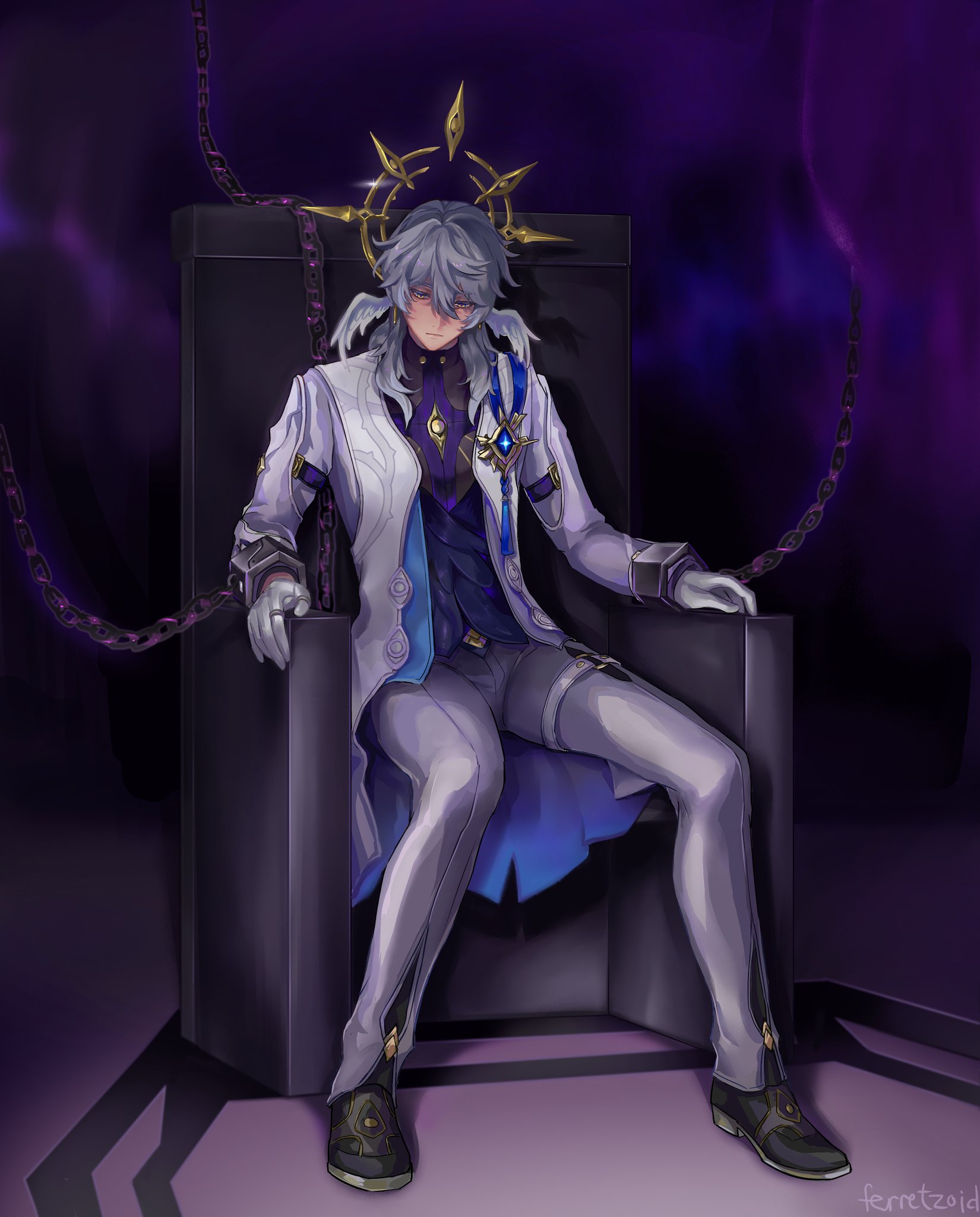 the image depicts an anime male character sitting on a black throne. he has white hair, blue eyes, and is wearing a white suit. he is wearing a crown and is surrounded by chains. the background is purple and there is a sense of fantasy. the character looks serious and elegant.