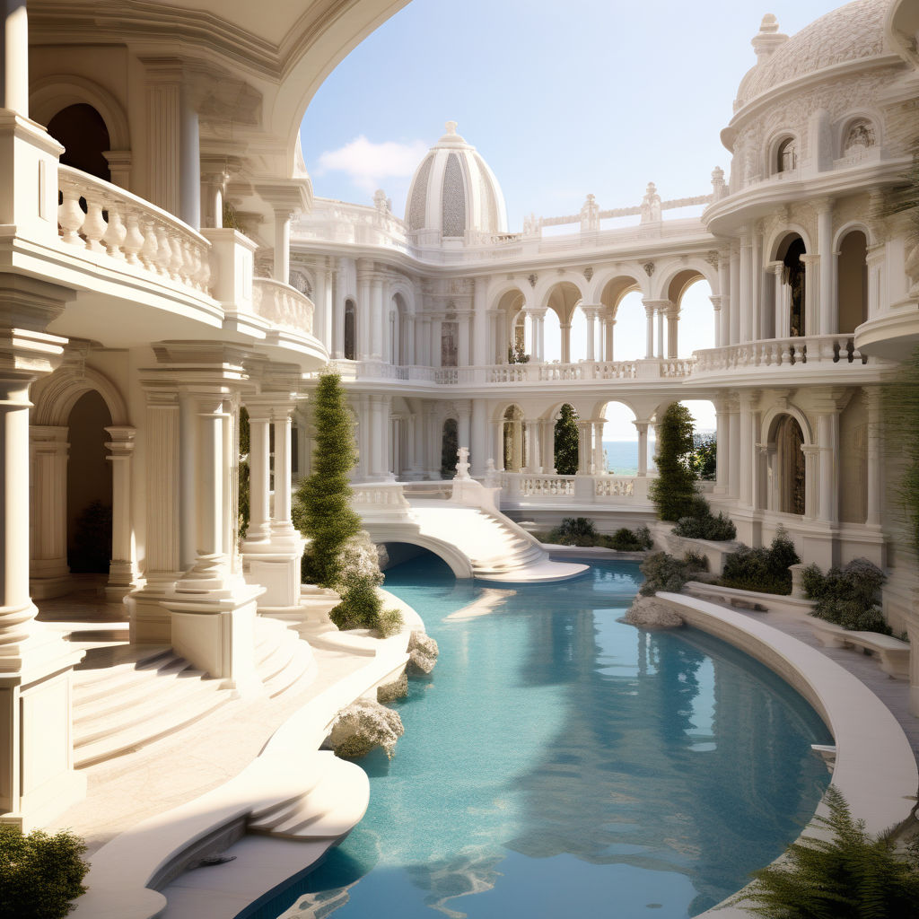 the image shows a luxurious white marble mansion with a curved swimming pool in the courtyard. the mansion has multiple levels with balconies, arches, and columns, and offers a scenic view of the waterfront. lush greenery and clear blue sky enhance the opulent atmosphere.