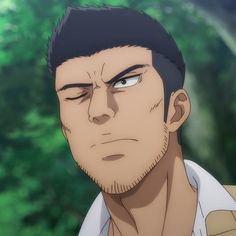 a closeup portrait of a seriouslooking anime man with short, dark hair and a goatee. he is squinting slightly, and his expression appears intense. the background suggests an outdoor environment with lush greenery.
