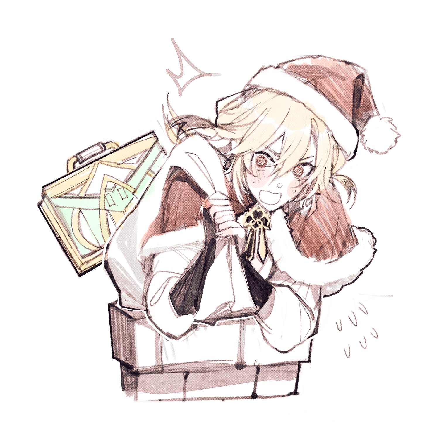 a cute anime girl in a santa hat is holding a gift and smiling excitedly. she appears to be peeking out from behind a chimney, with a little "uuu" sound bubble above her head. the illustration is done in a sketchy, handdrawn style and has a soft color palette.