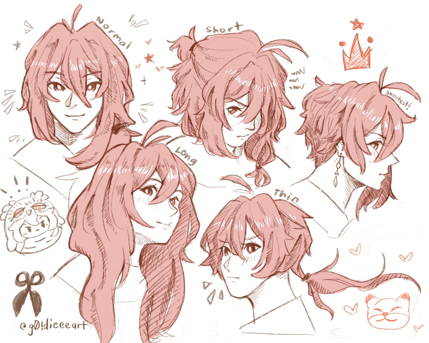 the image presents a collection of character sketches, likely fanart, focused on exploring different hairstyles for a single character.  the character consistently has pink/reddish hair, but the length and style vary across several sketches.  each hairstyle is labeled (normal, short, long, thin, shortest) making the intent to showcase different hair options clear. the art style is soft and casual, with a slightly sketchy and loose quality, indicative of a quick study or brainstorming session. there are also small, related doodles scattered around, adding to the playful and informal mood.  the character's expressions are gentle and slightly dreamy.