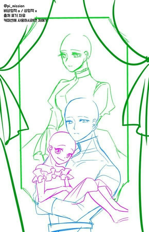 this is a line art drawing of three anime characters in various poses. there is a female character standing in the back, another female character sitting on a male character's lap. there is a background that looks like curtains and a box frame.