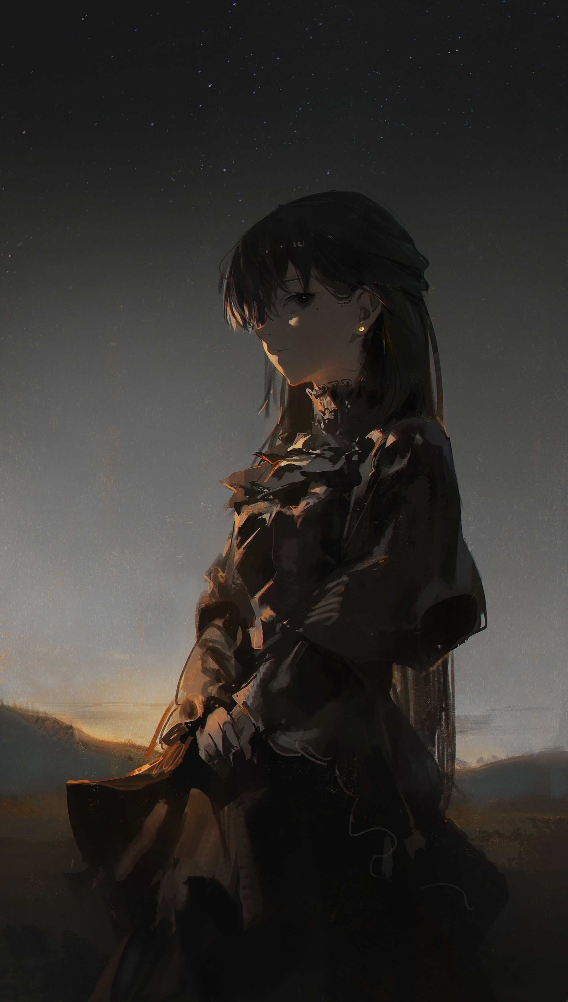 a young anime girl with long black hair and dark clothes stands in a landscape lit by the setting sun. she is looking down with a sad and lonely expression. the sky is filled with stars, making the scene mysterious. the girl is surrounded by darkness, giving the impression that she is lost and alone.