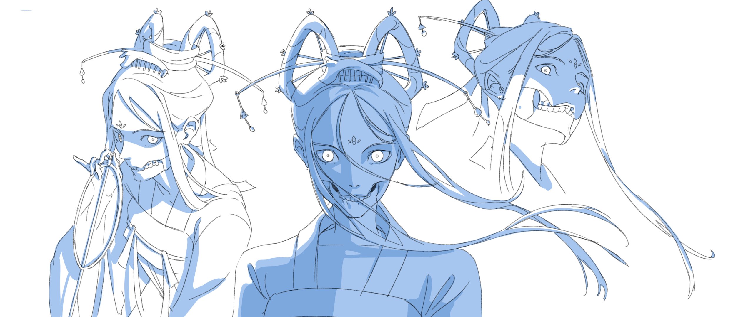 a sketch of three female anime characters with long hair, ornate headdresses, and wide eyes. the characters are drawn in a loose, sketchy style with blue lines on a white background. the characters have a creepy or eerie expression.