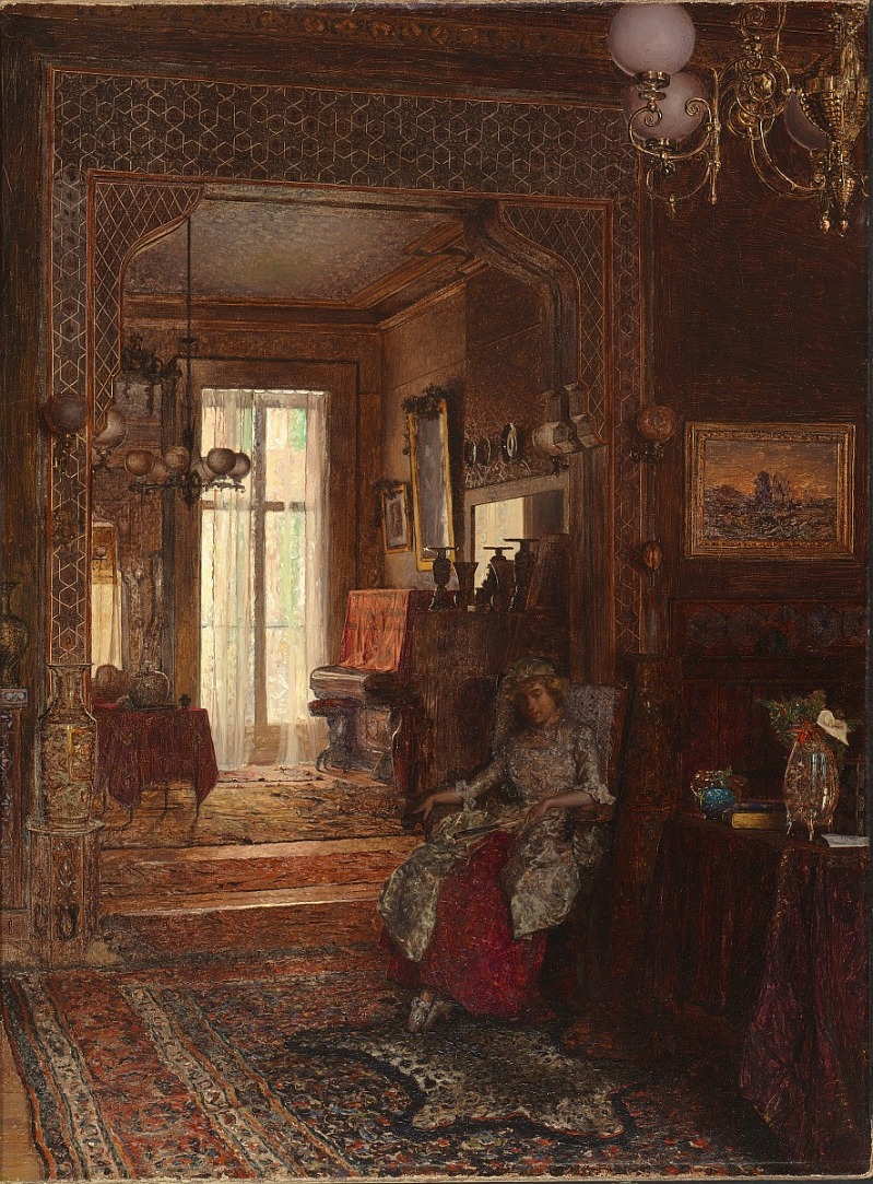 a painting depicts a woman sitting in a chair inside a welldecorated room. the room features a rug, a table, a chandelier, a window, and a piano. the painting is rich in detail and captures the atmosphere of a comfortable and elegant interior.