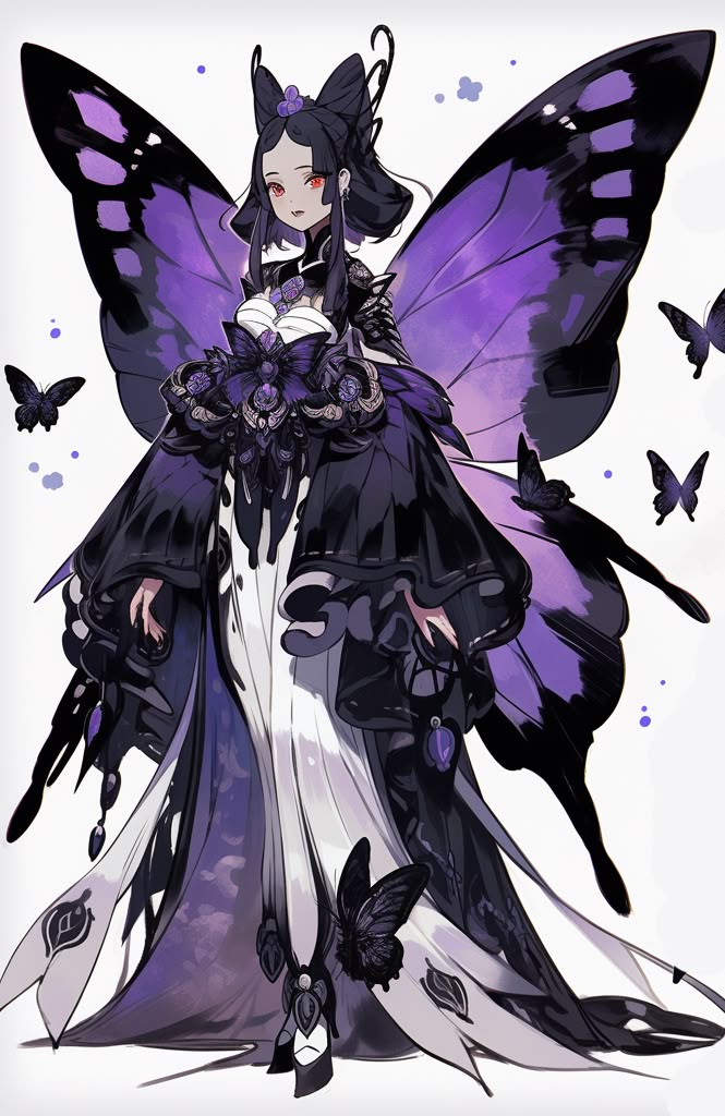 the image shows an animestyle fairy girl with purple and black butterfly wings. she has red eyes and is wearing a long dress with black accents. there are several smaller butterflies surrounding her. the background is white.