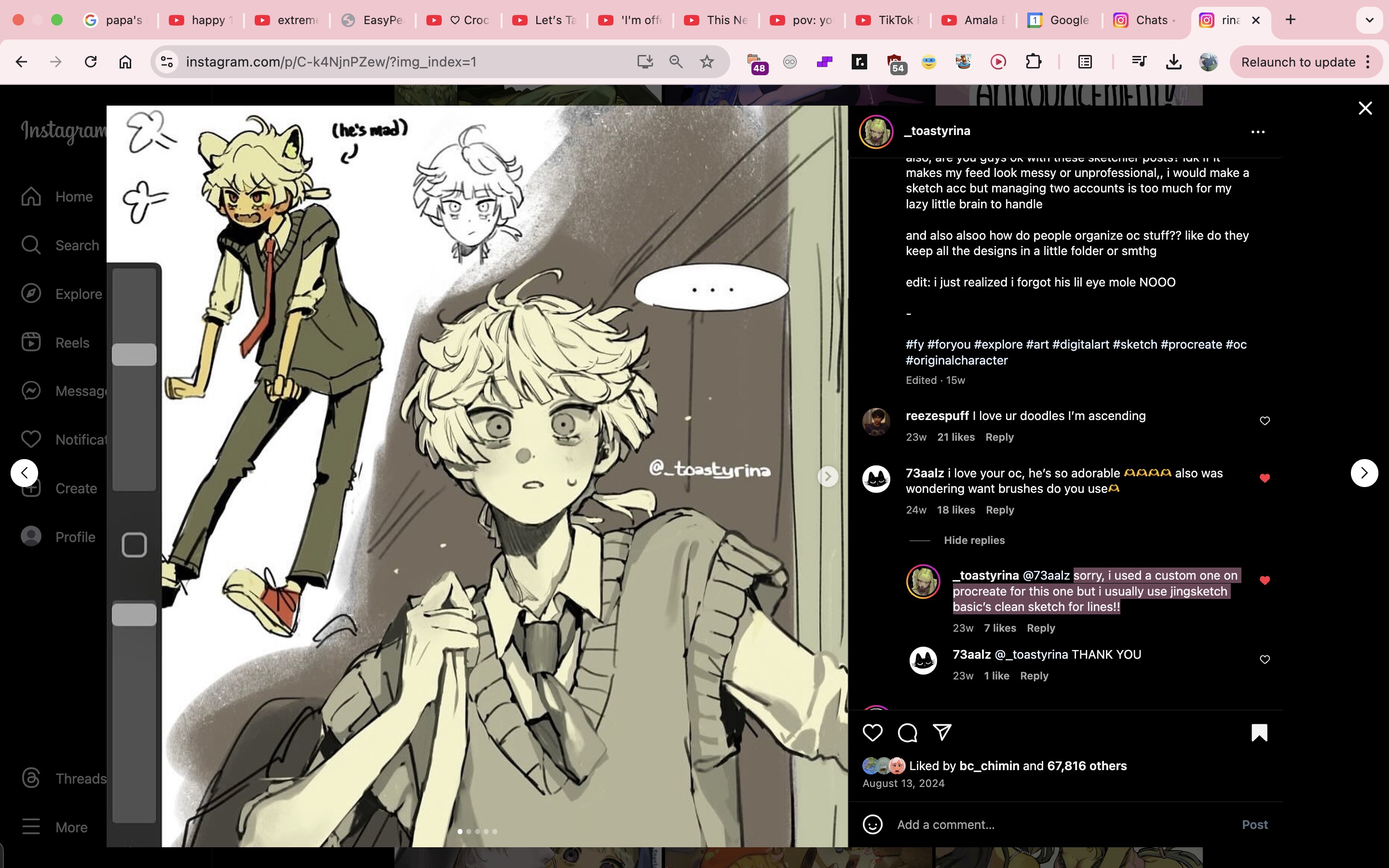 the image shows a screenshot of an instagram post featuring digital artwork. the artwork is a collection of sketches and a more refined illustration of an animestyle character with blonde hair and catlike ears. the artist,  @_toastyrina, shares their work and engages with comments from other users who praise their style and ask about their tools and workflow. the post includes hashtags related to digital art, character design, and the procreate app.  the comments section shows positive feedback and inquiries about the artist's brushes and organization methods.  the instagram interface is visible, showcasing likes, comments, and other features.