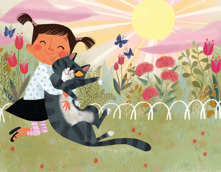 an illustration depicts a young girl hugging a gray striped cat in a vibrant garden under a sunny sky. the girl has brown hair in pigtails, a polkadot shirt, and is hugging the cat tightly. the cat is lying on its back in the girl's arms. the background features various flowers, including tulips and red blossoms, as well as blue butterflies and a white picket fence. the sun shines brightly with rays emanating from it.