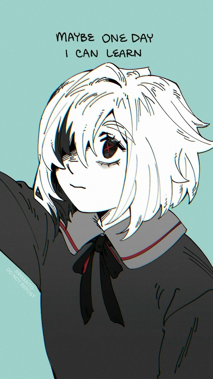 the image is a digital drawing of an animestyle girl with short, choppy white hair. she is wearing a dark grey collared shirt with a black bow tie. her expression is somewhat melancholic. the background is a light teal.  at the top of the image, a quote is written: "maybe one day i can learn". the art style is somewhat rough, with visible linework and shading, giving it a slightly unfinished or sketched feel. the overall mood is contemplative and somewhat wistful.  a small watermark is present in the lower left corner.