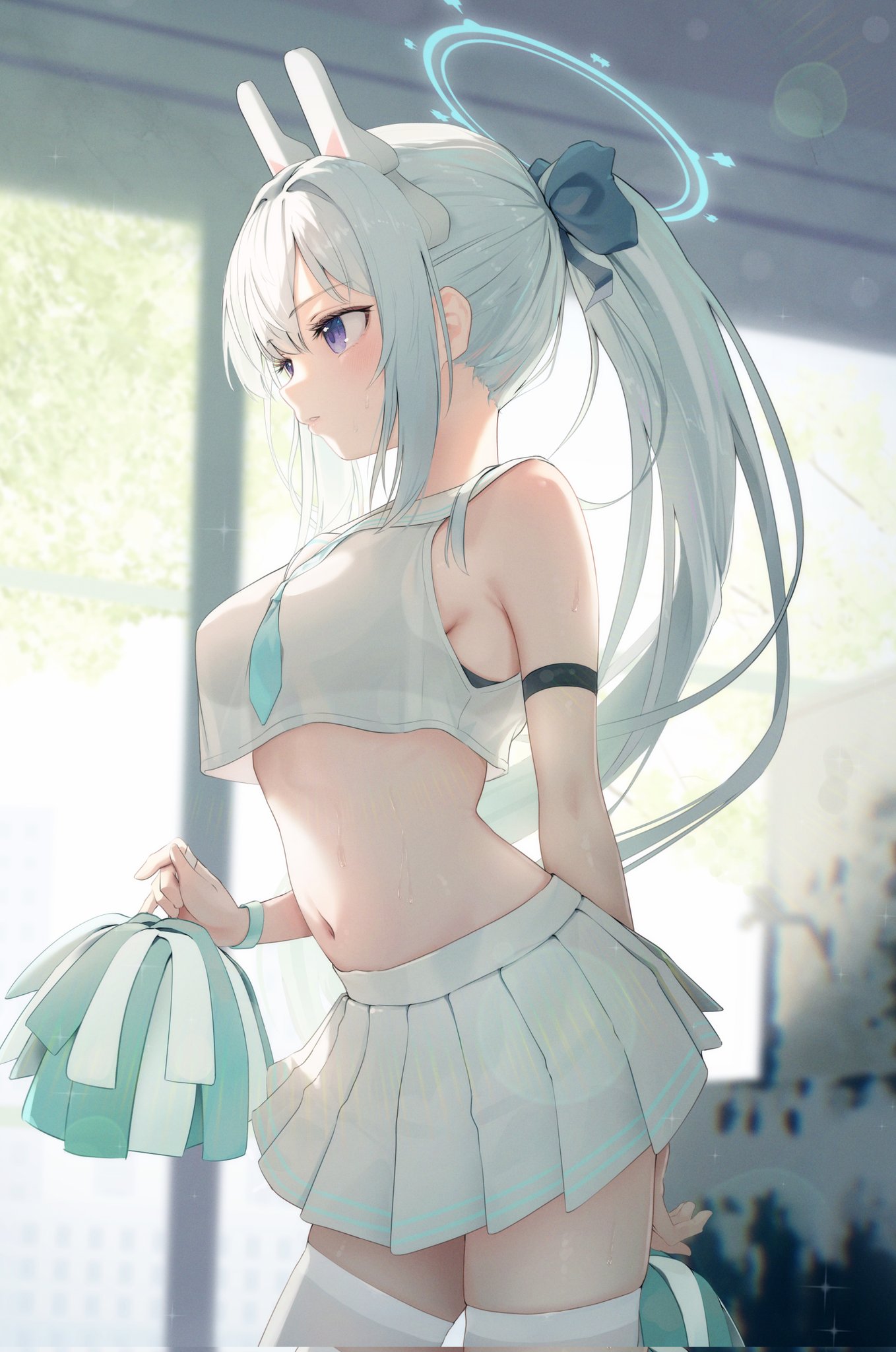 an animestyle illustration of a girl dressed in a cheerleader outfit, featuring a cropped top, a short pleated skirt, and white thighhigh socks. she has long white hair styled in a ponytail with a blue ribbon and a pair of bunny ears on her head. a glowing blue halo floats above her head. she's holding green and white pompoms in one hand.