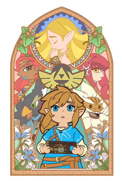 a stained glassstyle illustration of link, zelda, mipha, urbosa, revali, and daruk from the legend of zelda: breath of the wild. link is holding the sheikah slate, zelda is praying, and the four champions are in the background. the artwork has a stained glass effect and the characters are drawn in an anime style.