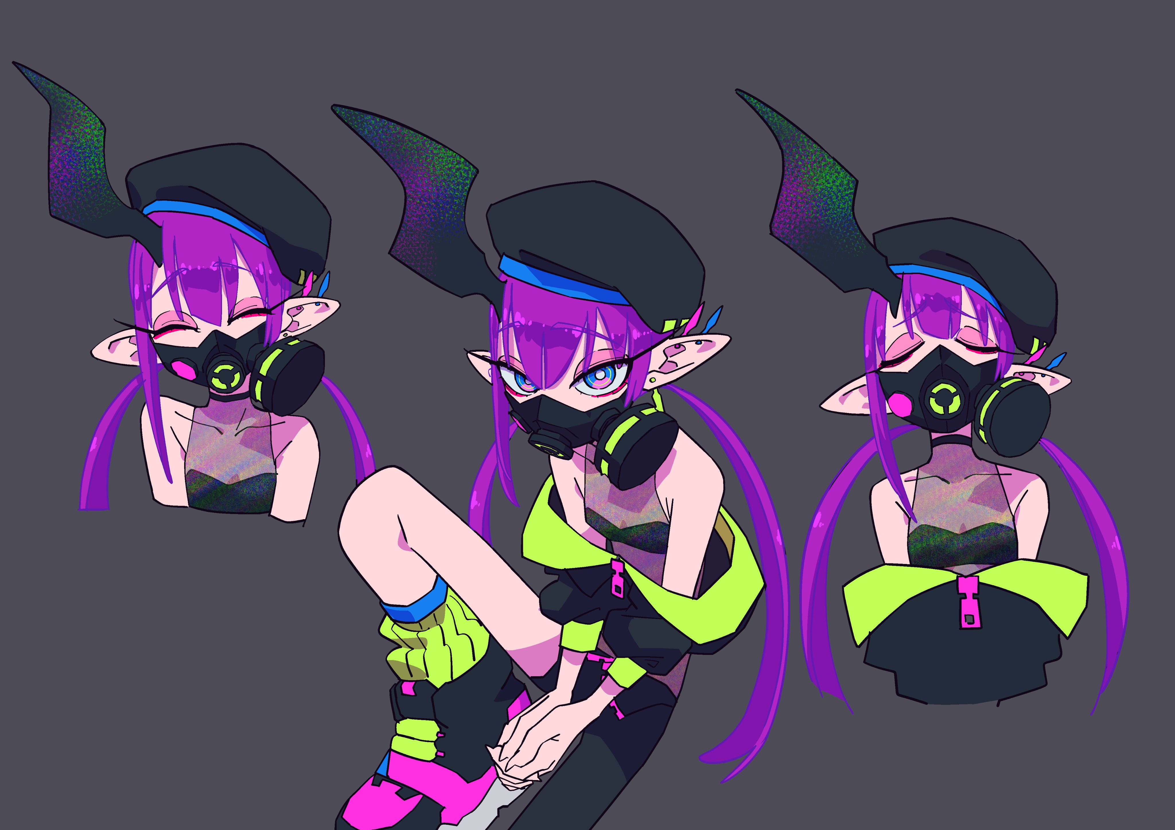 a digital illustration of an animestyle character concept. a young woman with purple hair and elf ears is dressed in cyberpunkinspired attire: a black beret with winglike protrusions, a black gas mask covering her lower face, a black and neon green zipup top, and chunky sneakers. she strikes various poses, offering different angles and expressions.