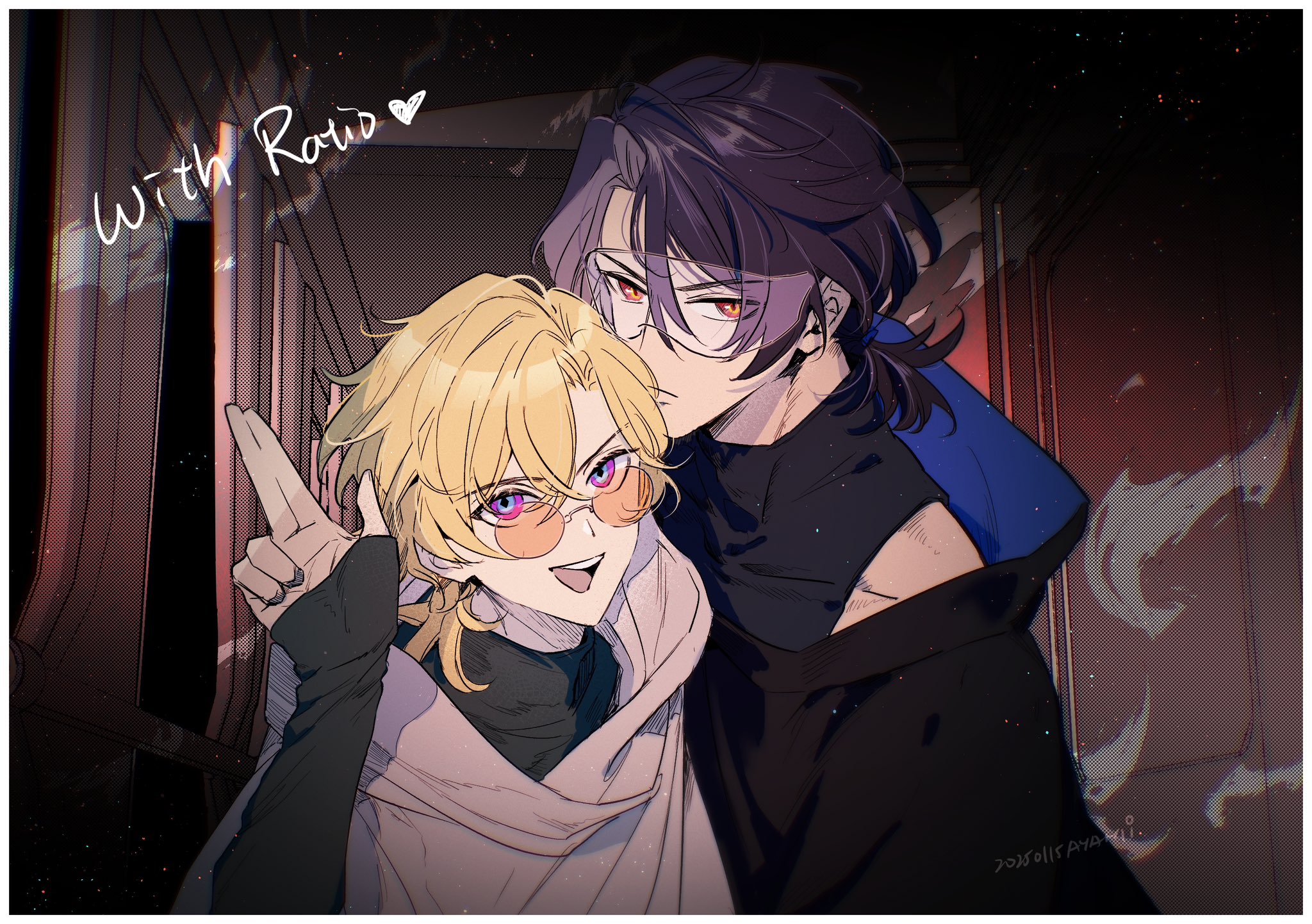 a digital illustration features two animestyle male characters. on the left, a character with blonde hair, purple eyes, and rosetinted sunglasses gives a peace sign. he's wearing a black top under a creamcolored shawl. to his right, a character with dark purple hair and orangered eyes behind eyeglasses stands closer, with one arm around the blonde character. he is dressed in a black tshirt and a dark blue shawl. the background appears to be a hallway or corridor with dark panels and a faint, smoky texture to the right. above them is the text "with ratio" in a handwritten font, accompanied by a heart symbol.