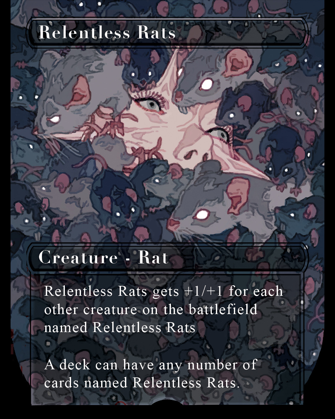 the image is a digital artwork depicting a magic the gathering card titled "relentless rats". the card features a swarm of cartoonstyle rats surrounding a pale face with large eyes. the card also includes game text describing the abilities of the relentless rats creature.