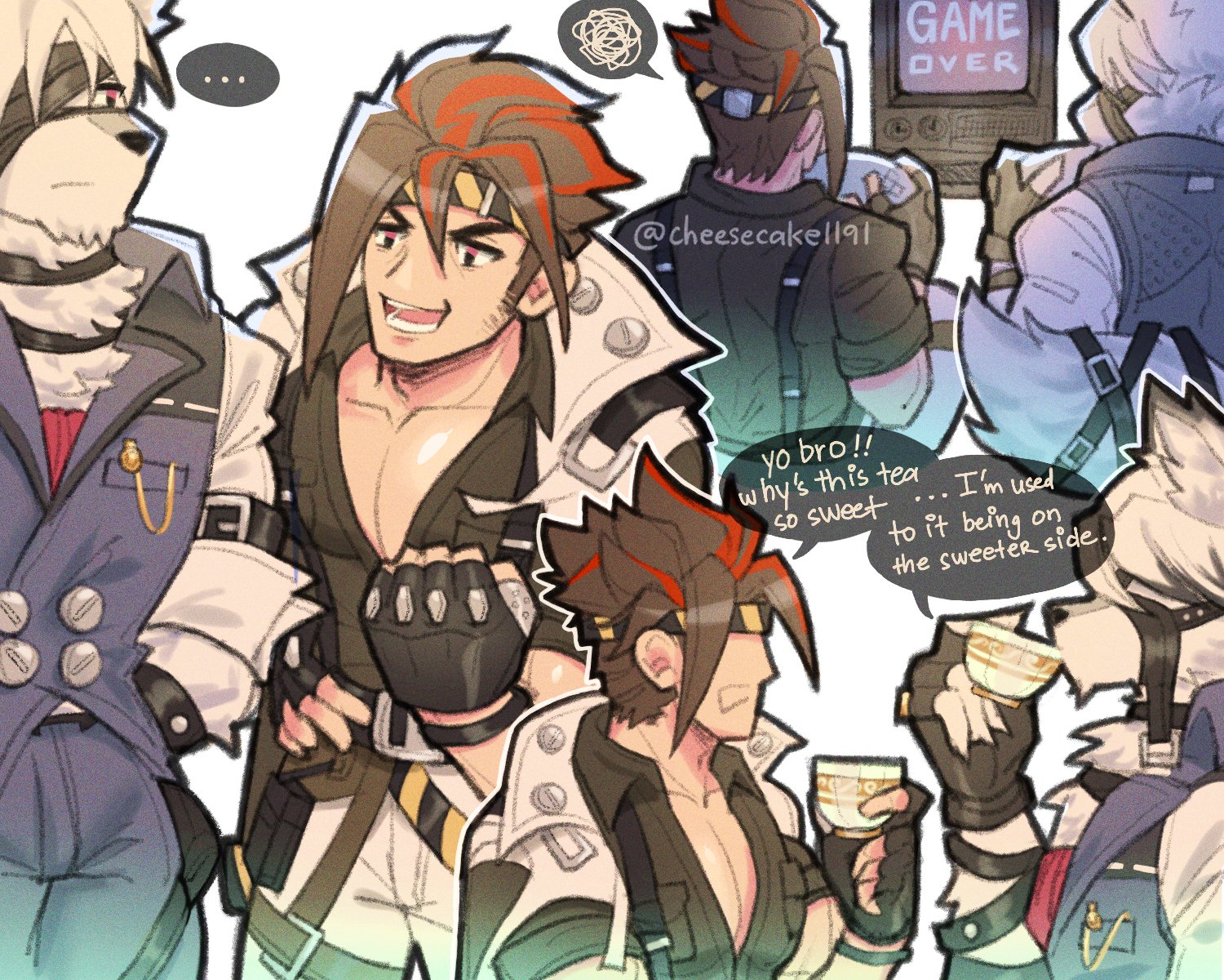 this is a digital art illustration of 4 anime male characters drinking tea and chatting. one character is holding a teacup, another is wearing a black shirt with a silver belt, and the other two are wearing white and green jackets. the artwork has a cartoon style. the character in the center is talking and is saying, "yo bro!! why's this tea so sweet... i'm used to it being on the sweeter side."