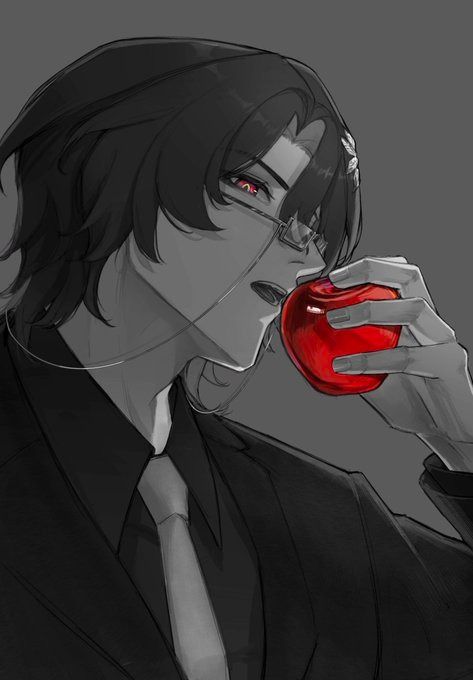 the image is a stylized digital drawing or painting of a young animestyle man. he has dark hair, glasses, and is wearing a dark suit and tie. his eyes are a striking red against the otherwise monochrome palette. he's holding a bright red apple to his mouth, appearing to be taking a bite.  the overall style is dark, elegant, and slightly mysterious, with a focus on the character's expressive face and the contrast between the black and white of his attire and the single pop of red from the apple. the art style suggests a blend of realism and anime/manga influences.