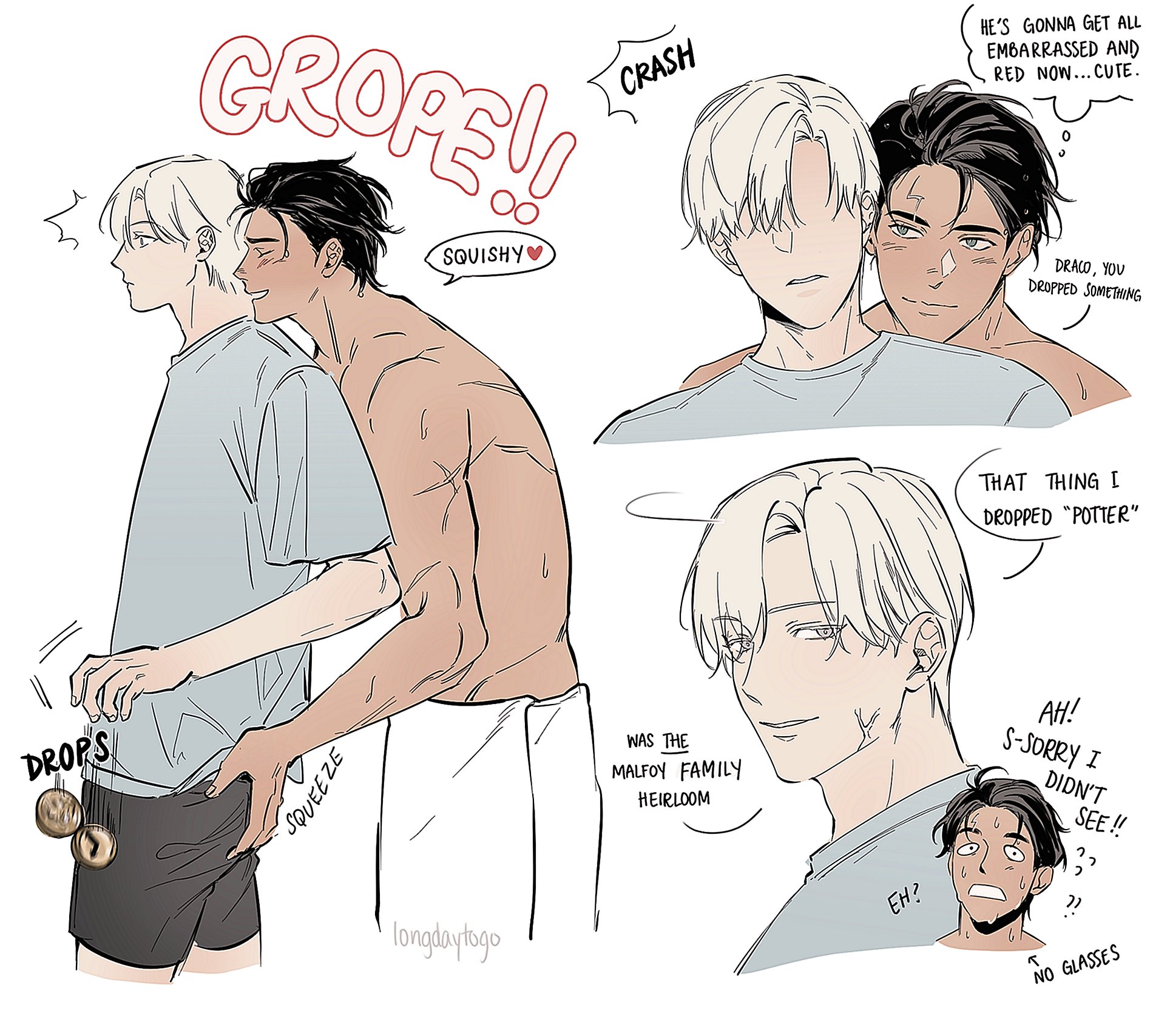 the image is a fanart piece in a manga or webcomic style depicting a humorous scene involving draco malfoy (from the harry potter series). the first panel shows two characters, one with short white hair being groped from behind by another with dark hair.  the action is labeled "grope!!" and "squeeze," accompanied by the word "squishy."  in another panel, draco, with his short white hair and glasses, is shown to have dropped something (implied to be a "potter" related item described as a malfoy family heirloom) causing him embarrassment. the subsequent panels portray his embarrassment and a bystander's reaction.  the overall tone is lighthearted and suggestive, playing on the characters' personalities within the context of a playful, intimate interaction.