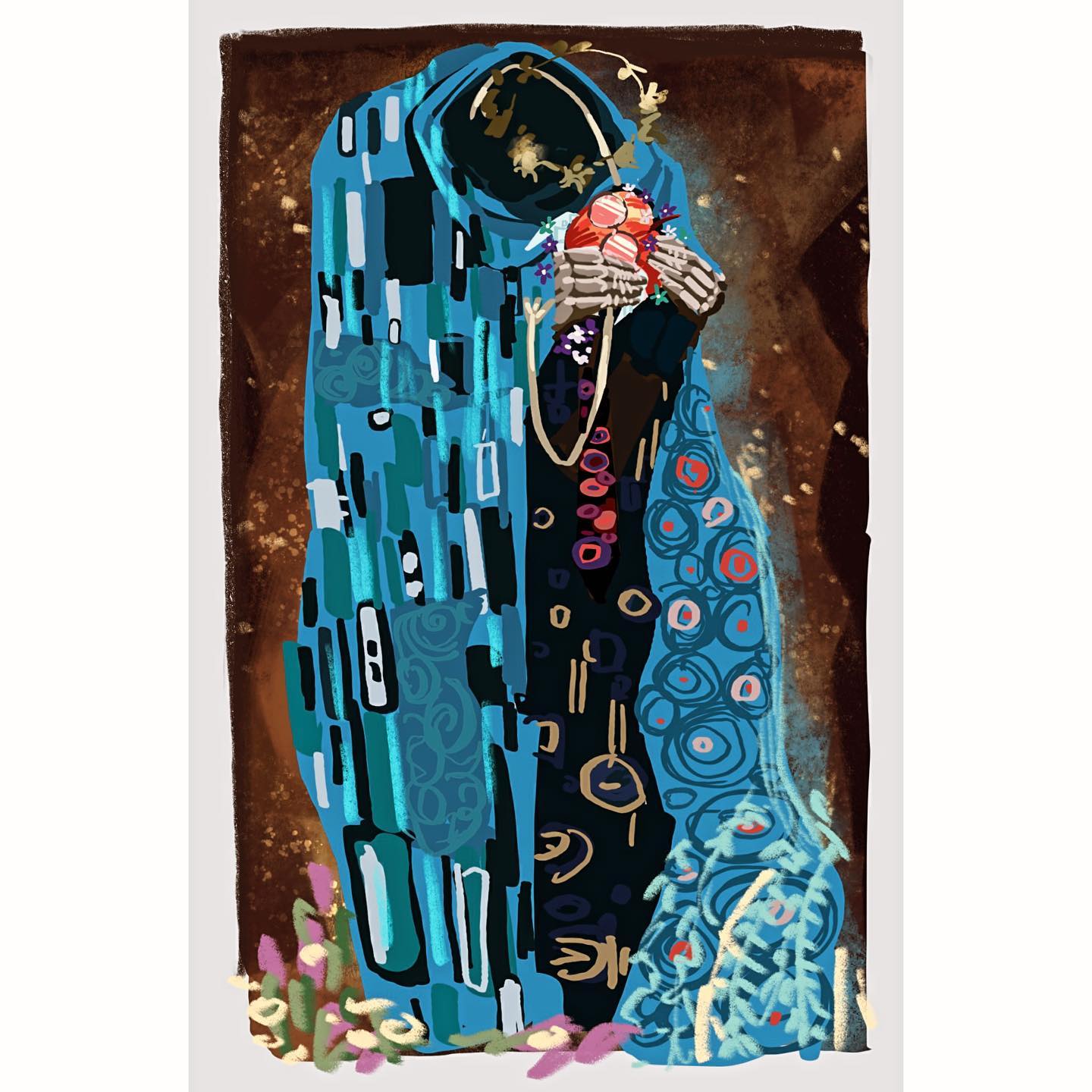 this is an abstract digital painting in the style of gustav klimt's "the kiss." it depicts a skeletal figure, likely representing death or the grim reaper, cloaked in a blue and gold patterned robe reminiscent of klimt's work. the figure holds a red heart in its bony hands, suggesting a theme of love, death, and the passage of time. the background is a deep brown, and a few stylized flowers are visible at the bottom.