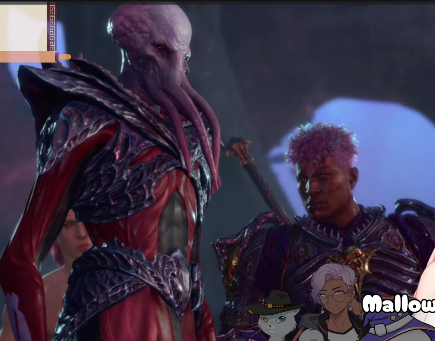 in this vividly illustrated scene from what appears to be a fantasy rpg video game, a towering alien warrior commands attention. his crimson armor, etched with intricate dark metal detailing, contrasts sharply against the shadowy backdrop. the alien's most striking feature, however, is his exposed head – a mass of purplish tentacles.  he stands slightly ahead of a younger, darkskinned male character, hinting at a possible mentorstudent relationship. the darkerskinned character sports vibrant pink hair and bears scars across his face, suggesting a history of battles fought and won. he is clad in ornate armor, a testament to the world's fantasy setting. the scene is dramatically lit, highlighting the characters against the dark background and creating a sense of anticipation.