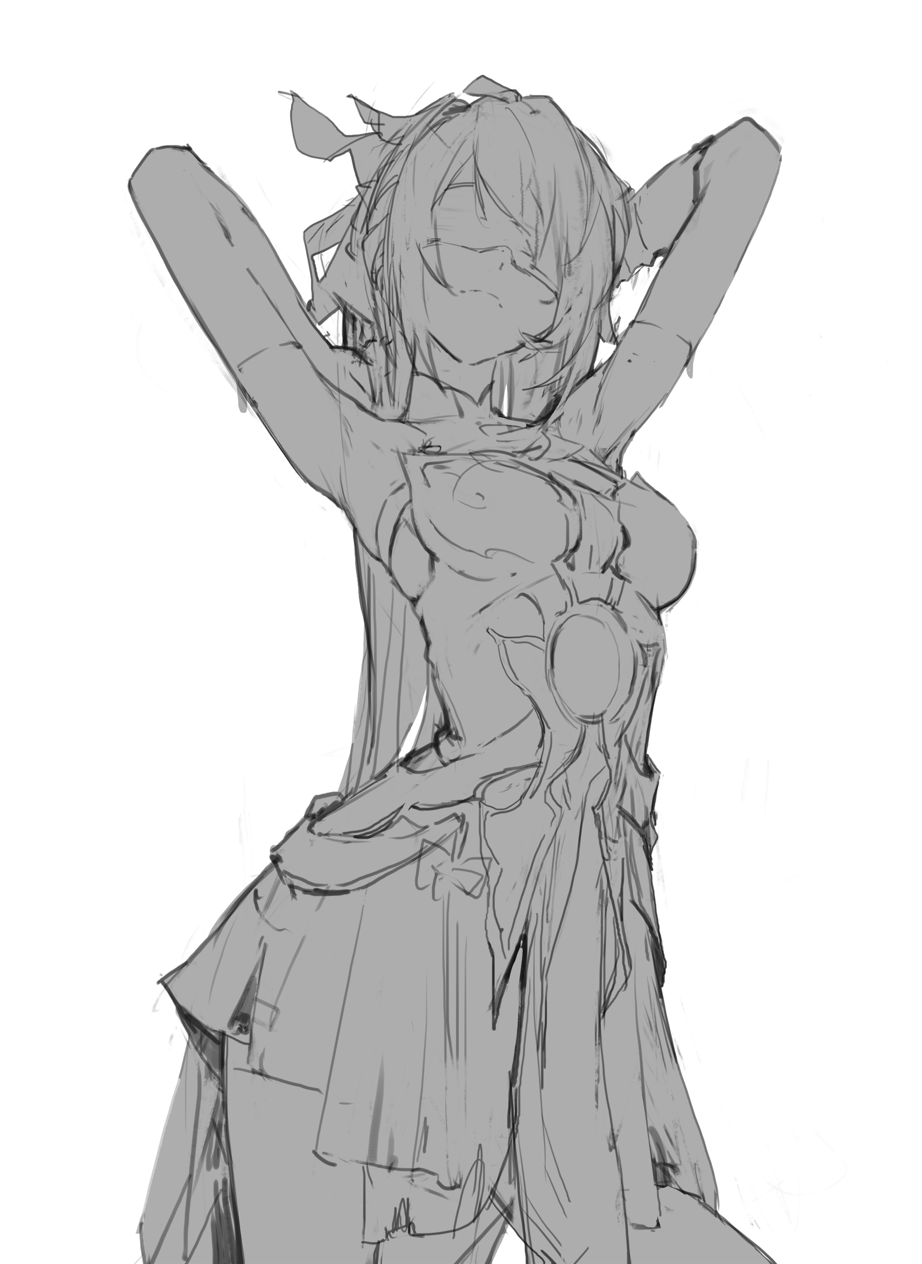 a sketch of a female anime character wearing a flowing dress and a decorative sun symbol on her chest, with long hair and arms raised above her head. the drawing is in a grayscale color scheme, emphasizing the character's form and details.