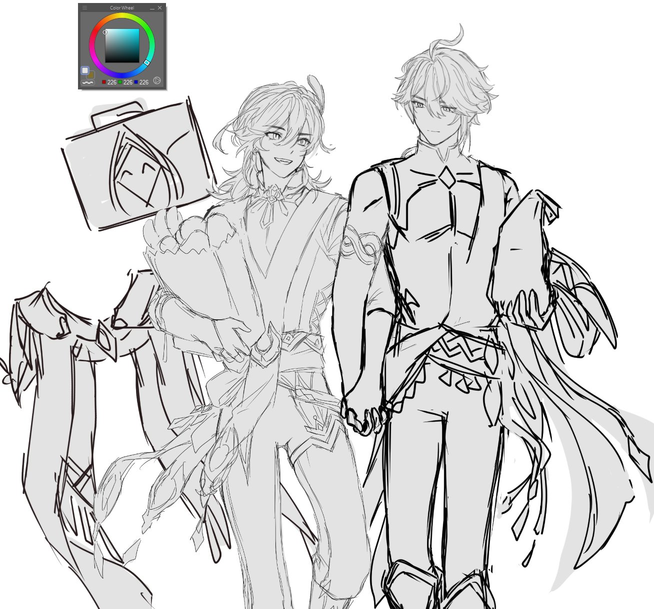 this is a black and white line art sketch of two male anime characters. the characters are holding hands. one character is holding a bouquet of flowers. they are dressed in elegant clothing, possibly for a wedding. the drawing appears to be a fanart of kaeya and albedo from the video game genshin impact.